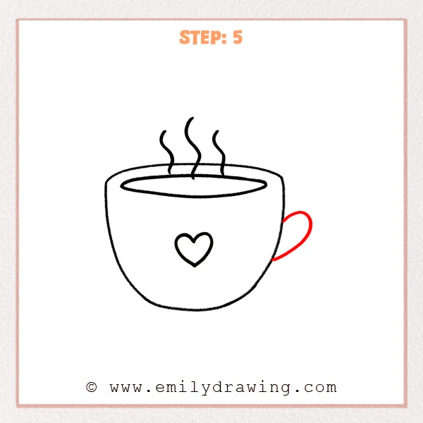 how to draw a coffee cup - A coffee cup with steam and a heart logo now has a single inner handle curve added on the right side.